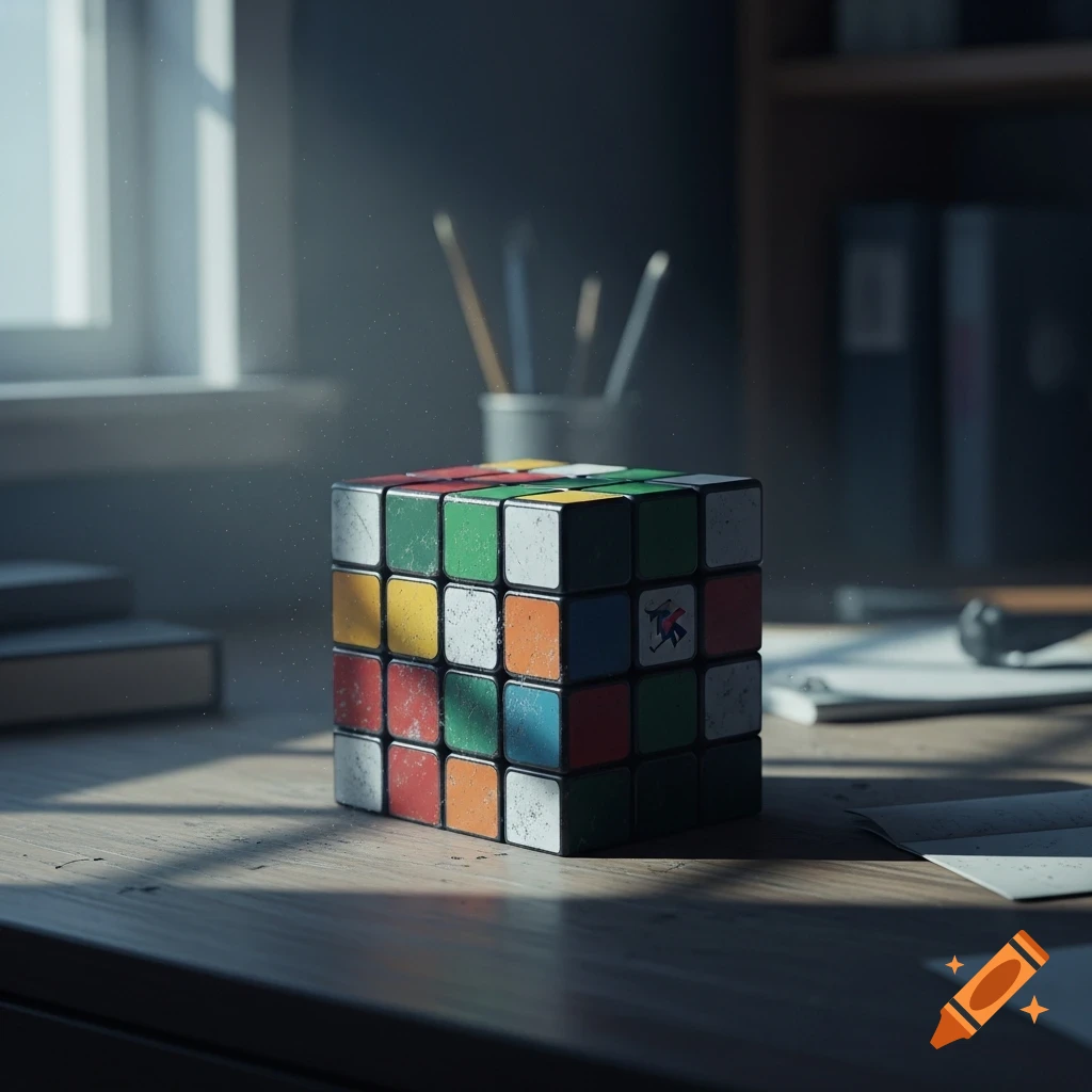 Photorealistic image of a worn Rubik's cube on a dusty wooden desk, lit by window light and dust motes.