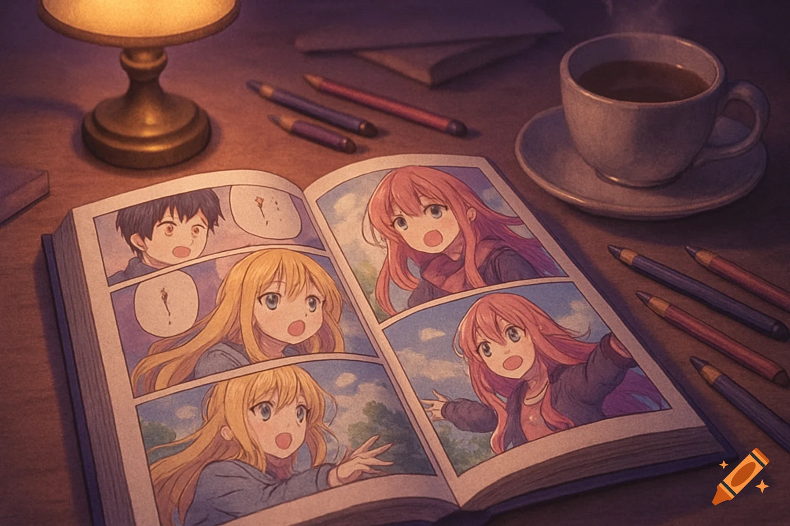 An open anime manga comic book on a desk at night, with a lamp, cup of coffee, and colored pencils, in a cozy, detailed style.