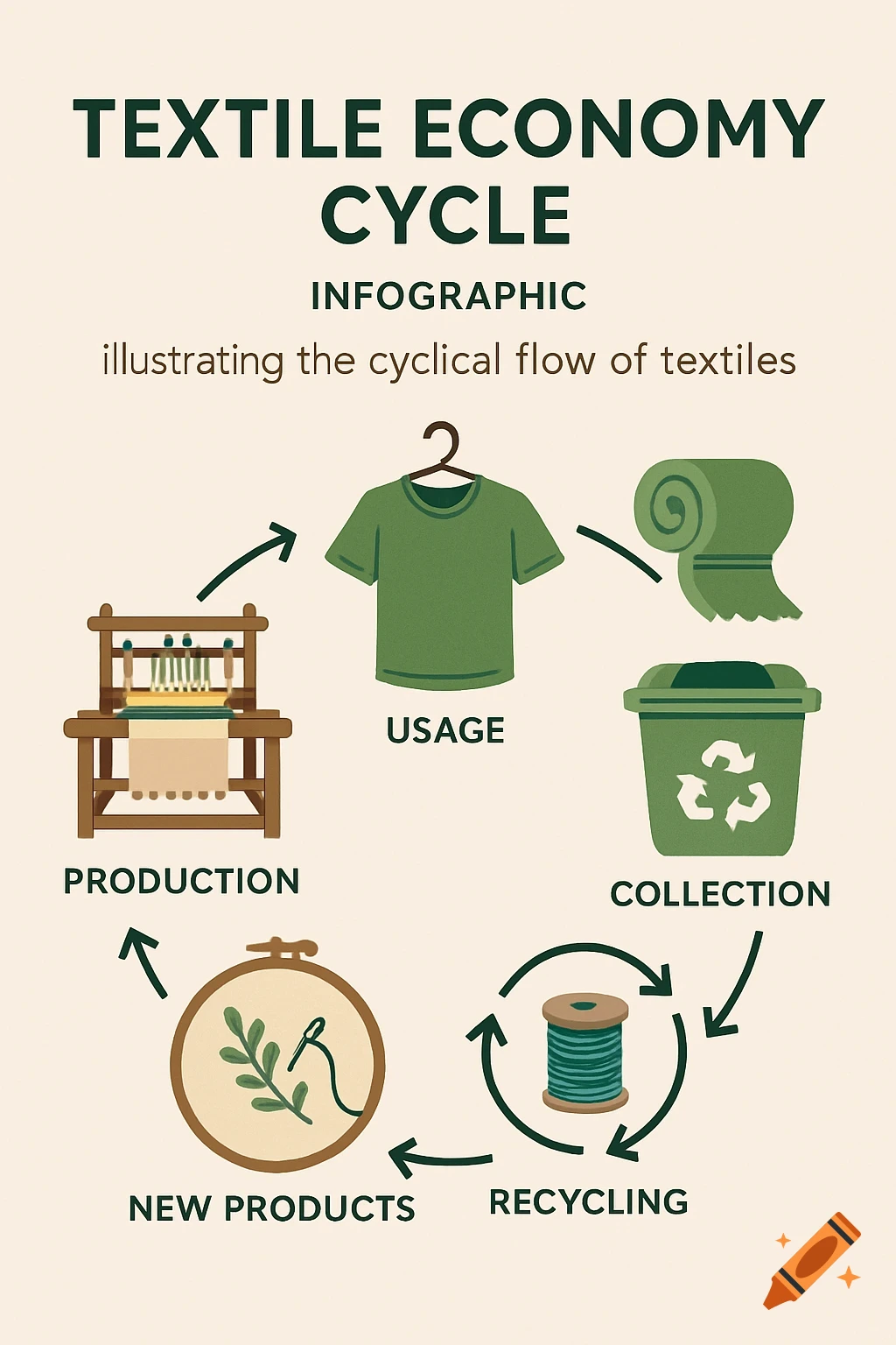 An infographic titled 'Textile Economy Cycle' showing production, usage, collection, recycling, and new products in a loop.