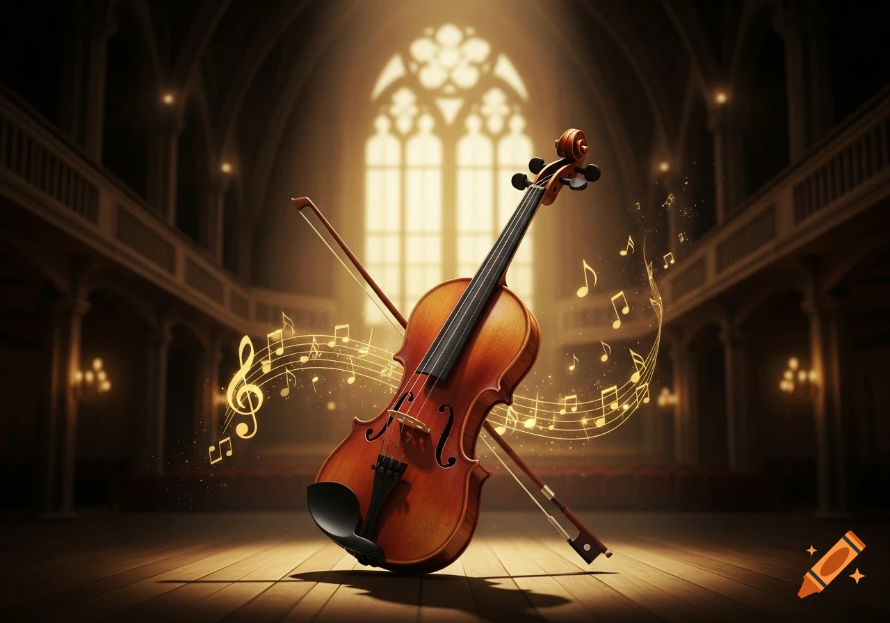 A violin and bow stand dramatically on a wooden stage, surrounded by glowing musical notes in a grand, ornate concert hall.
