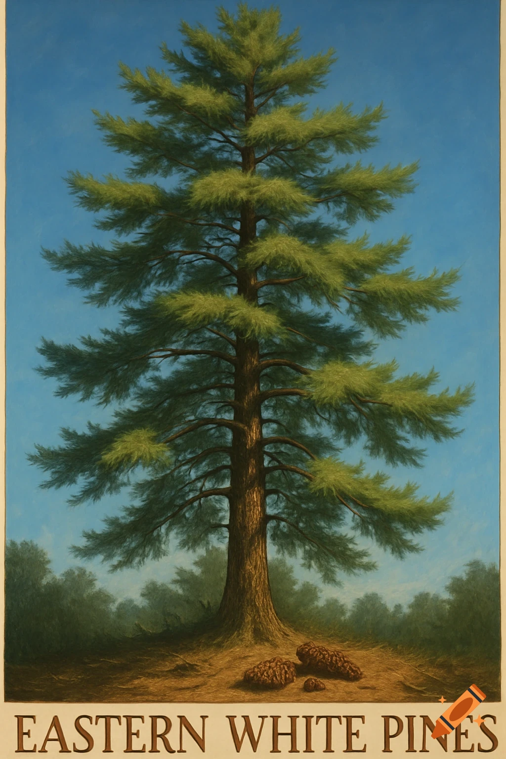 Stylized poster art of a tall Eastern White Pine tree with green needles, brown trunk, and pinecones at its base, against a blue sky. Text: 'EASTERN WHITE PINES'.