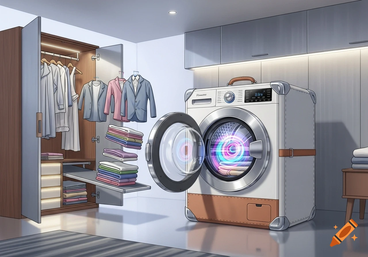 An illustrated scene of a futuristic washing machine, designed like a case, with its door open revealing a colorful glowing vortex inside. Beside it, an open wardrobe holds hanging and folded clothes, with some folded items floating into it from the machine.