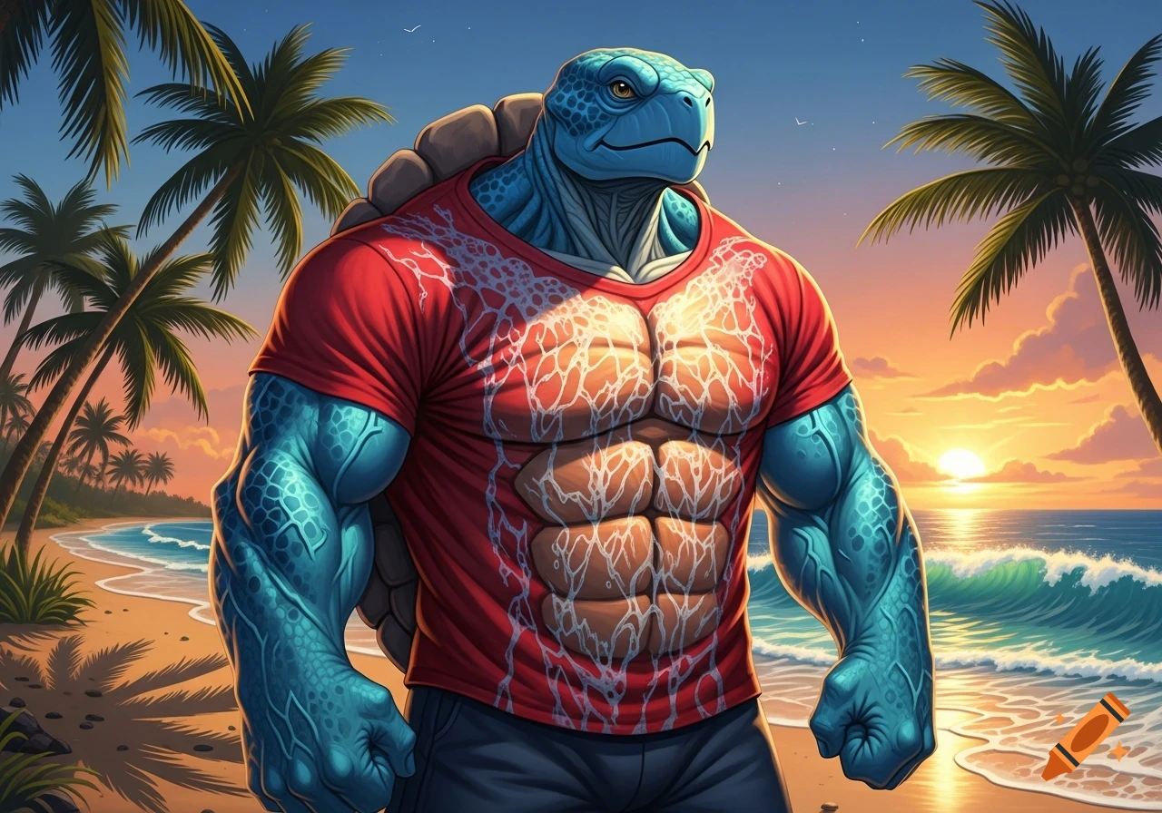 A muscular blue turtle wearing a red shirt stands on a tropical beach ...