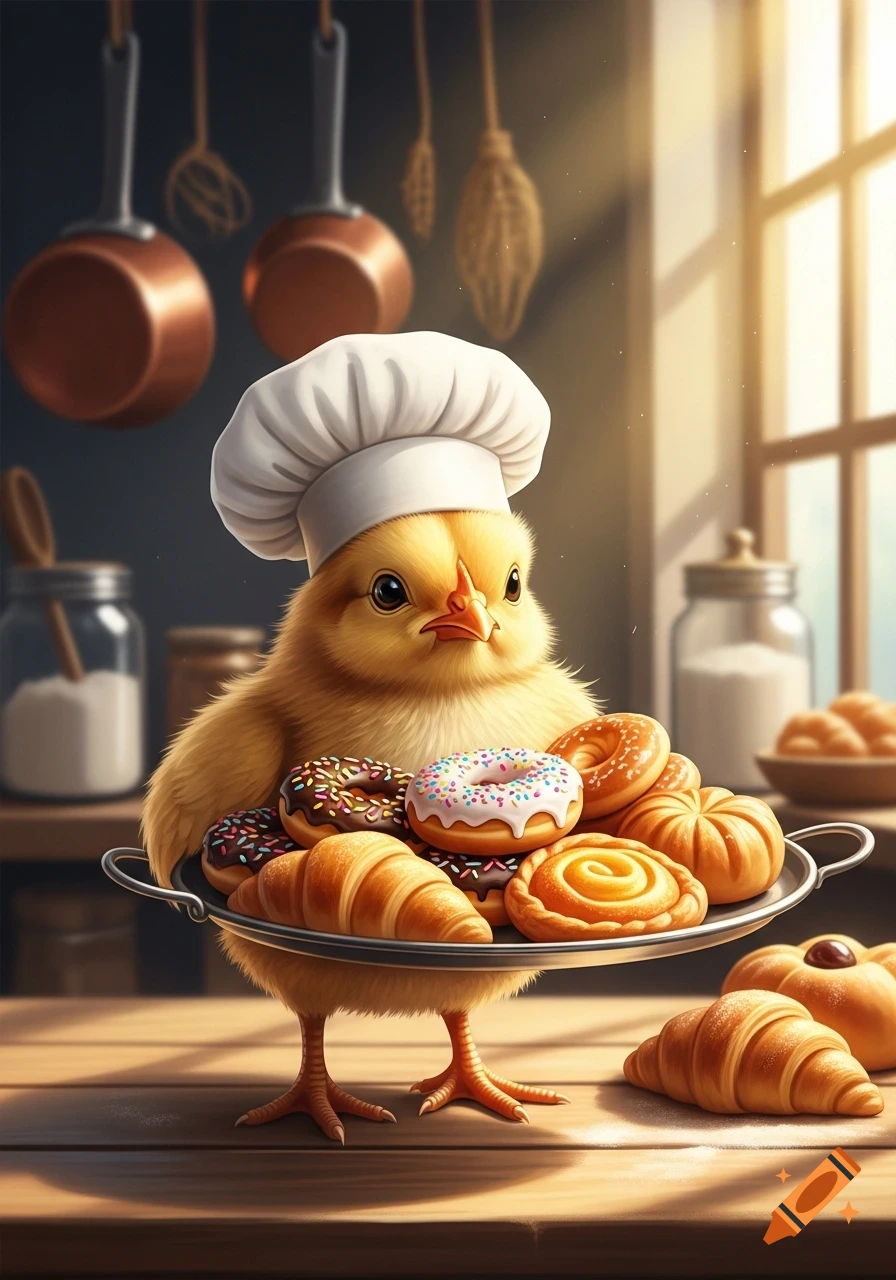 A fluffy yellow chick wearing a chef's hat holds a silver tray overflowing with croissants, donuts, and pastries in a sunlit kitchen.
