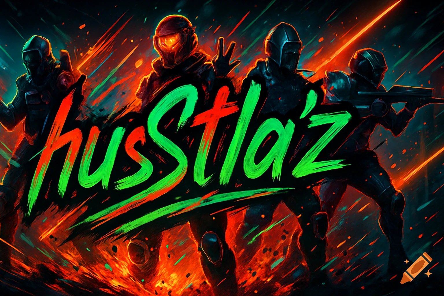 Four futuristic fighters in armored suits with glowing eyes stand behind vibrant, neon green and red graffiti text 'husStla'z' against an energetic, dark background with orange and green light trails and splashes.