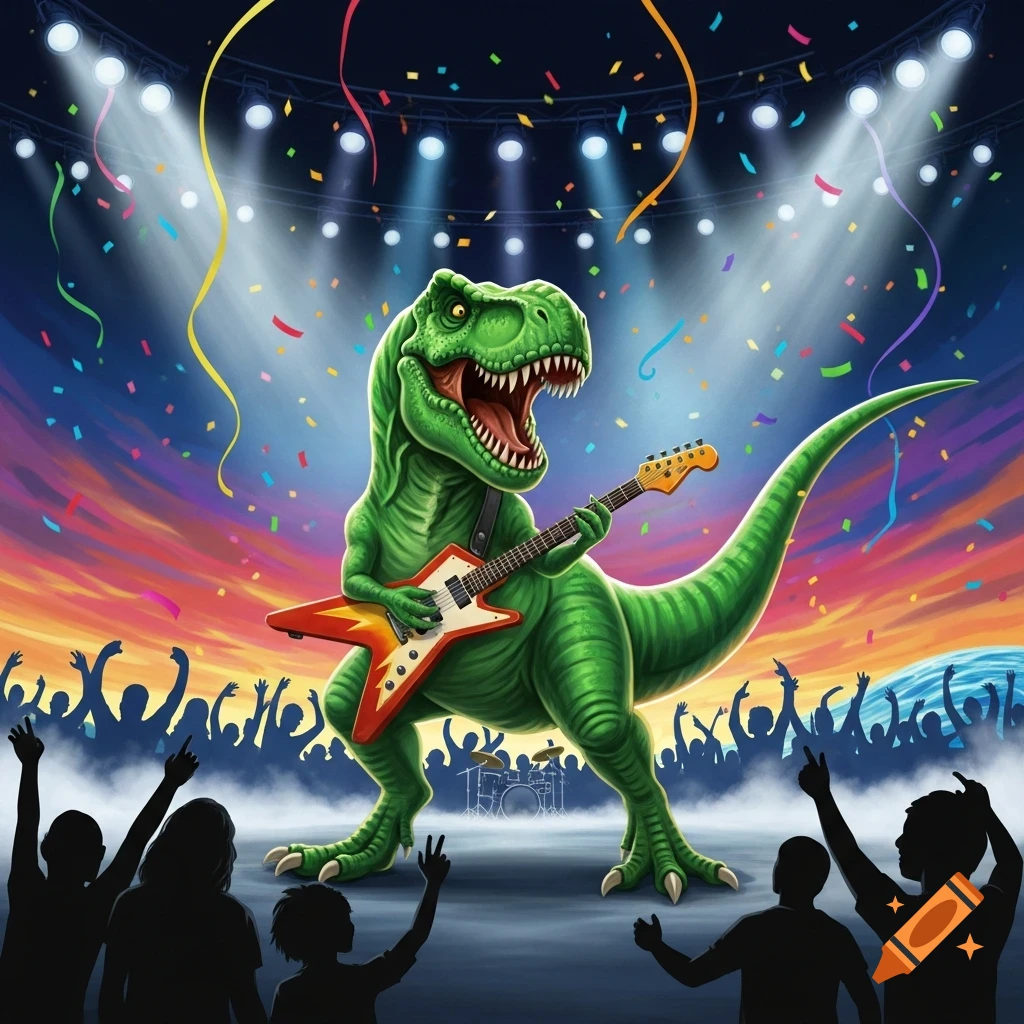 A vibrant cartoon illustration of a green T-Rex playing a star-shaped electric guitar on stage at a concert, with spotlights and confetti.