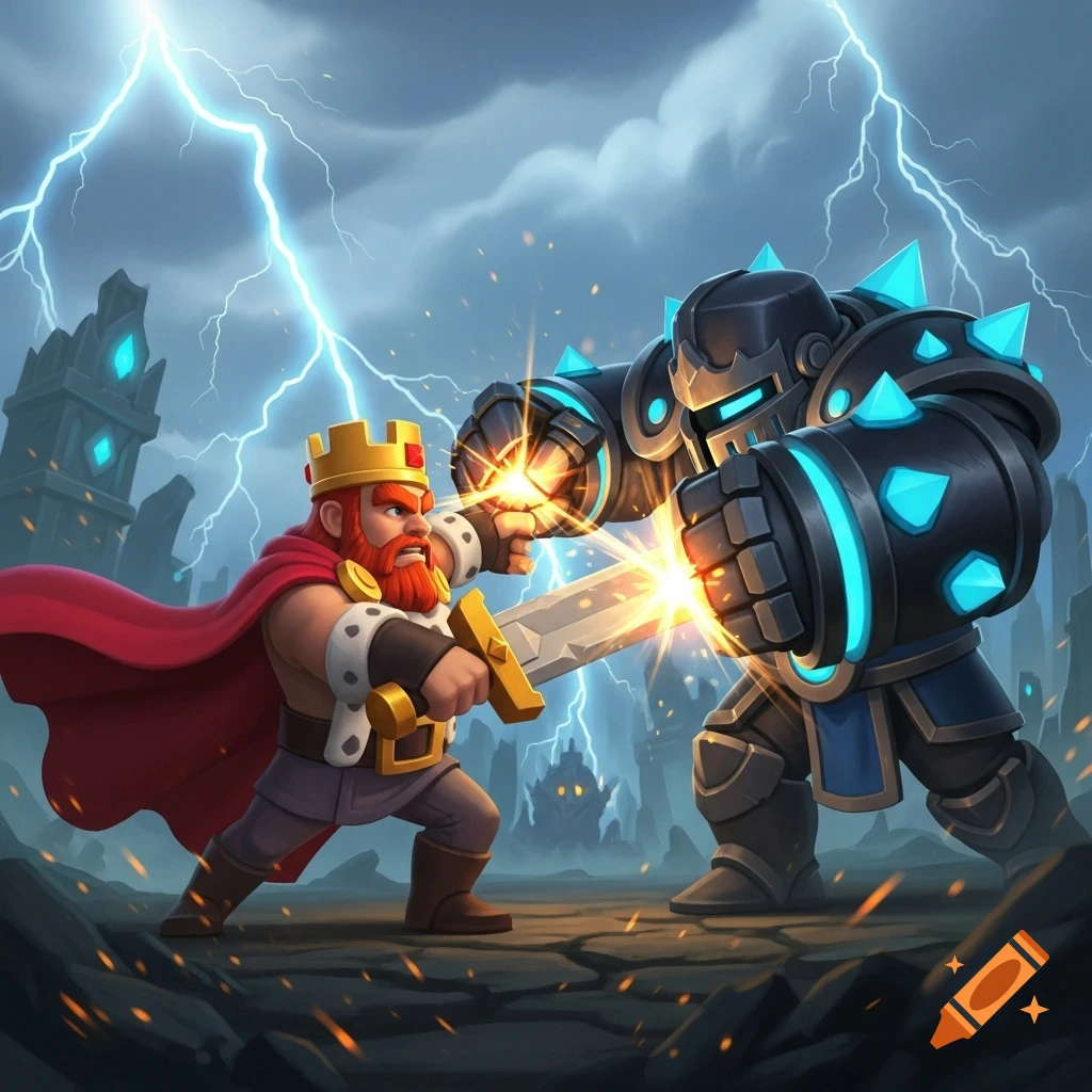 Cartoon king in a crown with a red beard fights a massive armored warrior with glowing blue accents under a lightning-filled, stormy sky.
