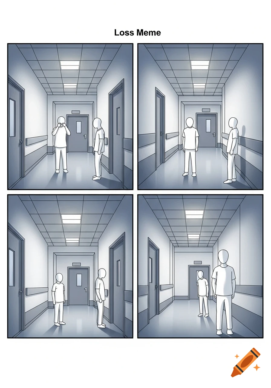 A four-panel comic illustrating the 'Loss Meme' in a hospital hallway setting, with minimalist characters and a clean art style.