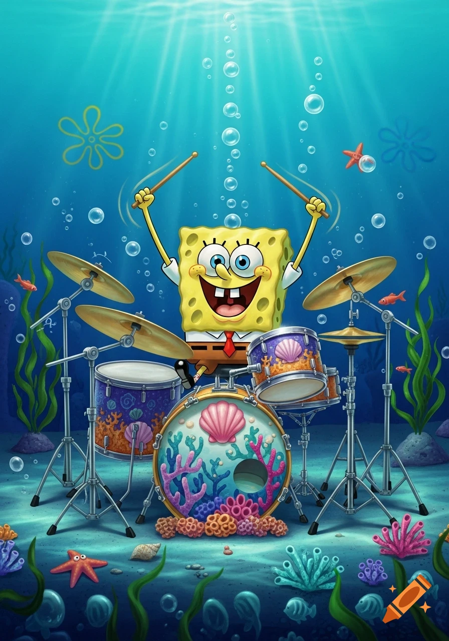 SpongeBob SquarePants happily plays a drum kit adorned with shells and coral on the ocean floor, surrounded by bubbles.