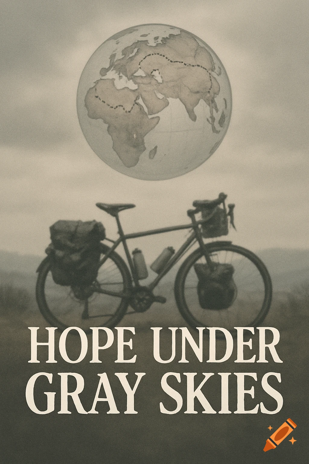 A sepia-toned poster featuring a touring bicycle under a globe with a world route, against gray skies. Title: HOPE UNDER GRAY SKIES.