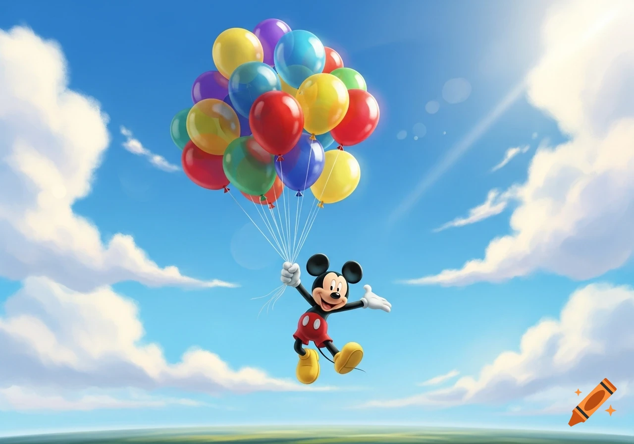 Mickey Mouse, a cartoon character, floats upwards holding a large bunch of colorful balloons against a bright blue sky with clouds.