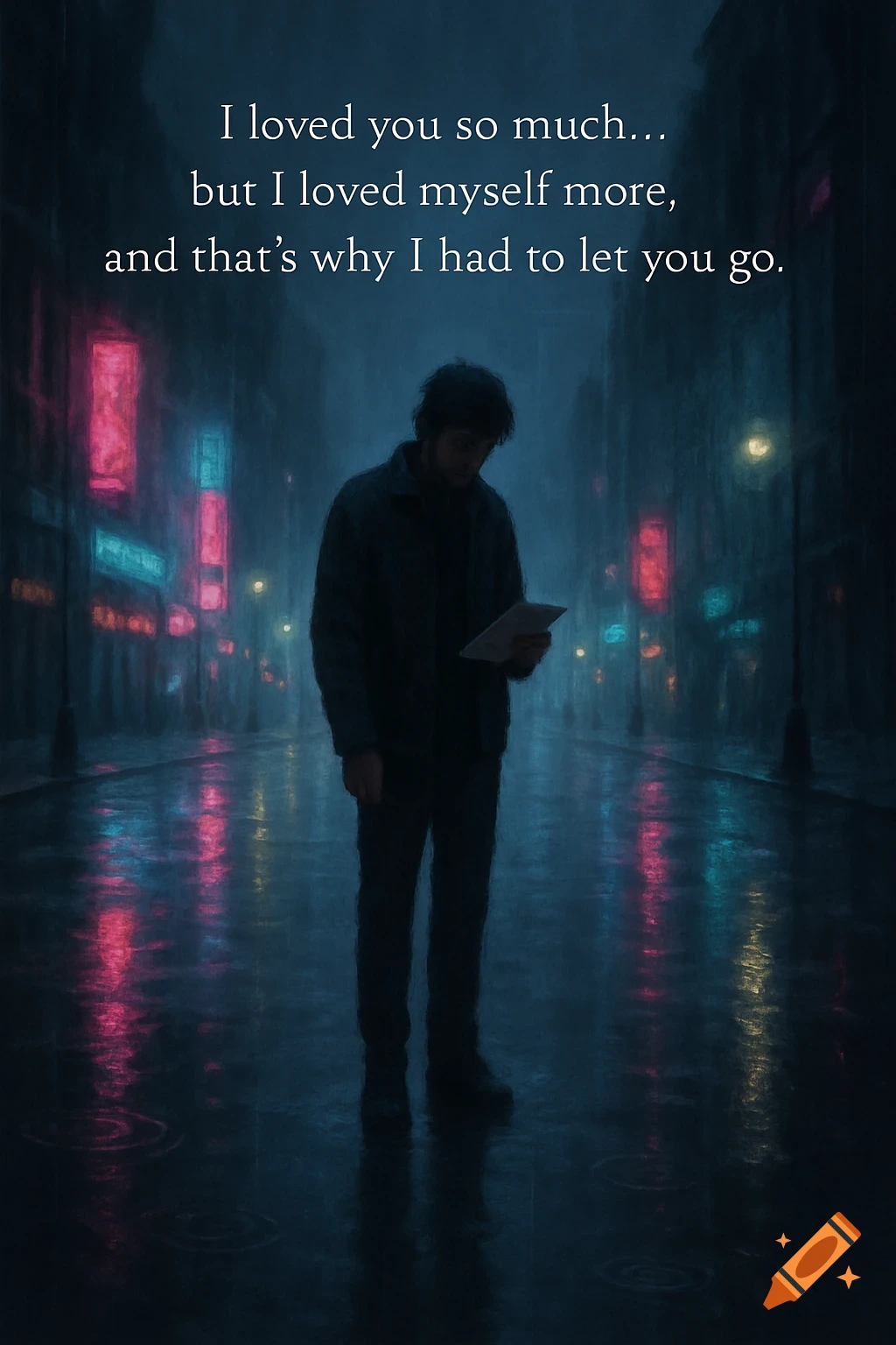 A person stands alone on a rainy city street at night, holding a letter, with neon reflections and a sad quote.
