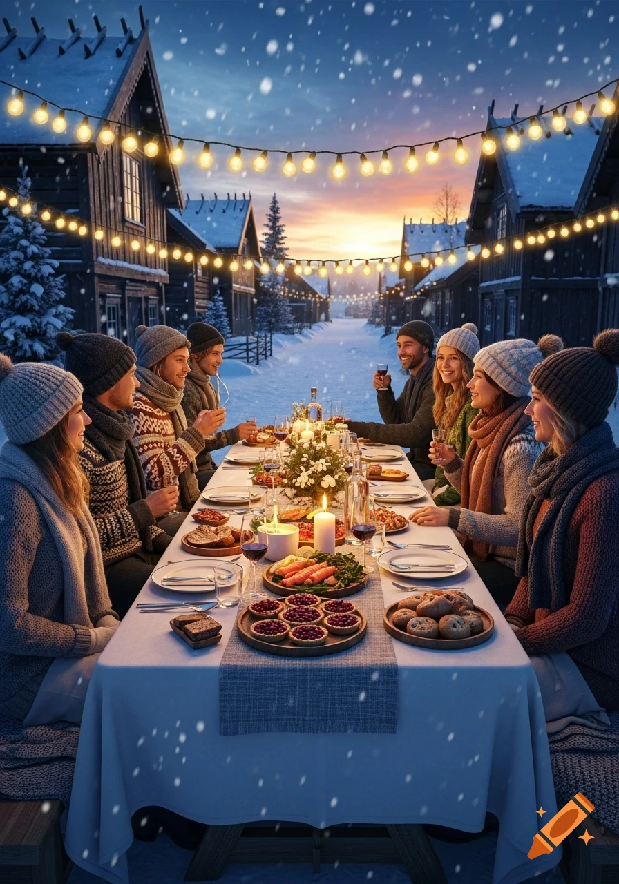 Friends enjoy a festive outdoor dinner party at a long table in a snowy village street, lit by string lights at sunset.
