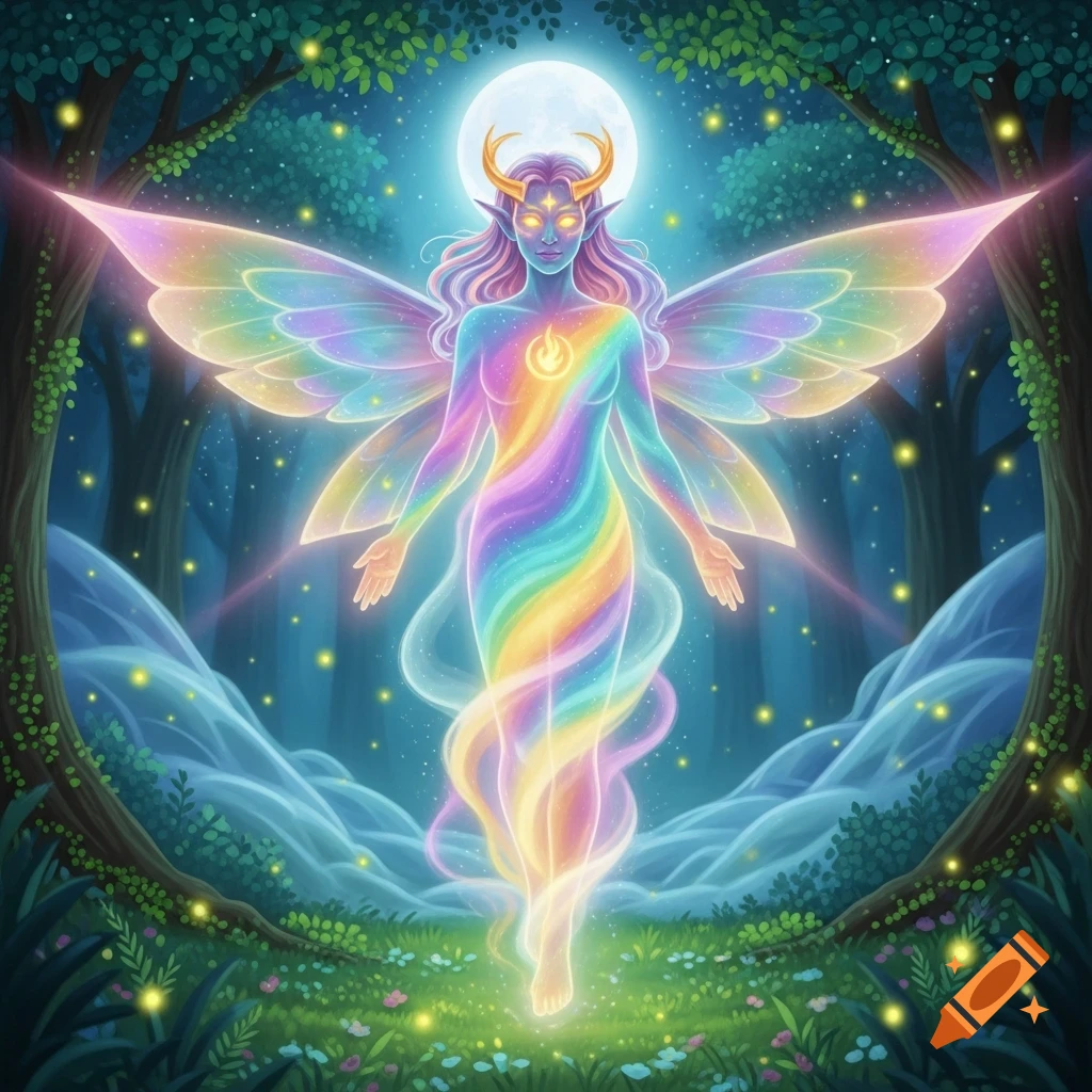 A vibrant, rainbow-colored fairy with glowing eyes and golden horns floats in a mystical forest under a full moon.