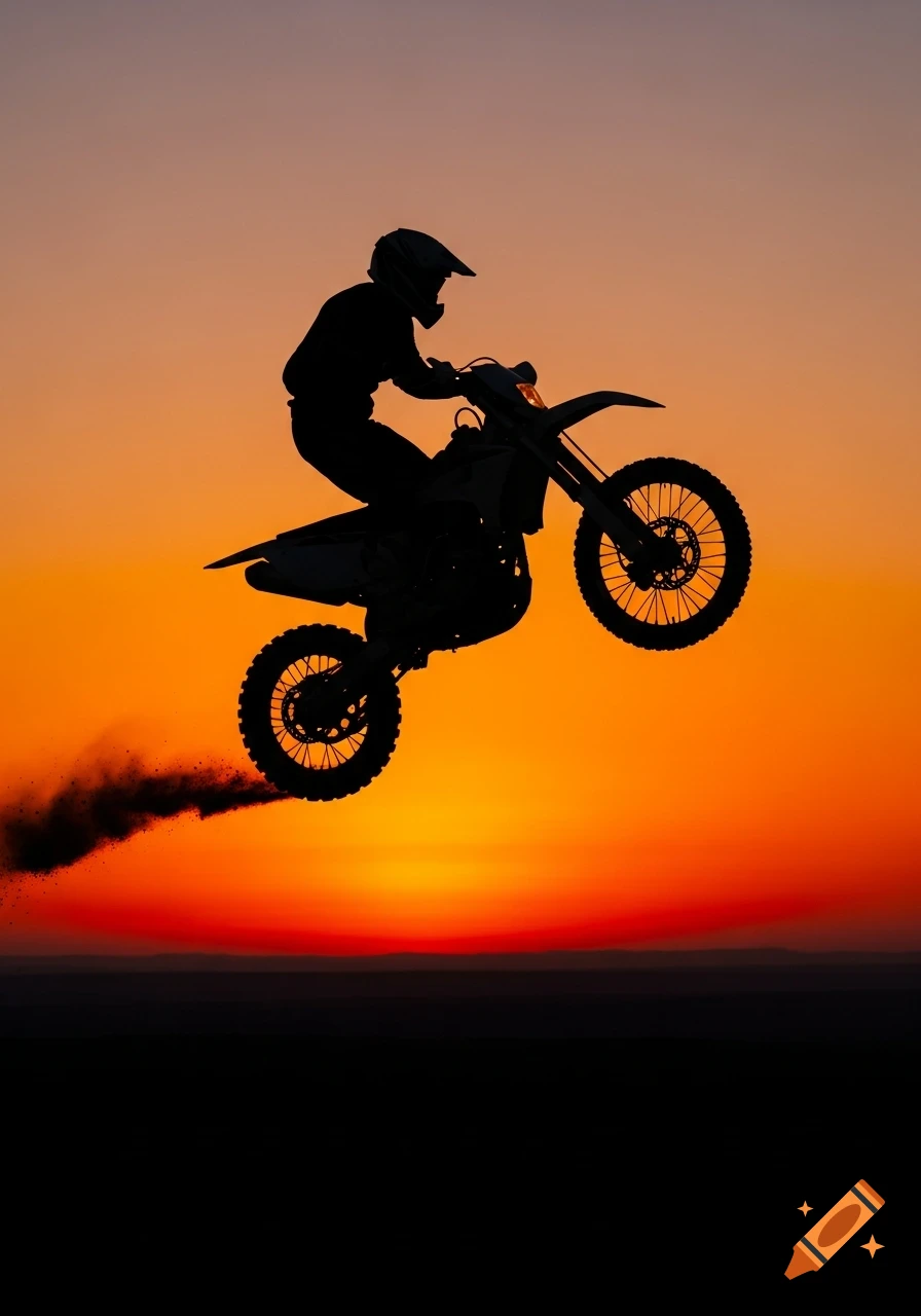 A dirtbike rider in silhouette jumps against a vivid orange and yellow sunset.