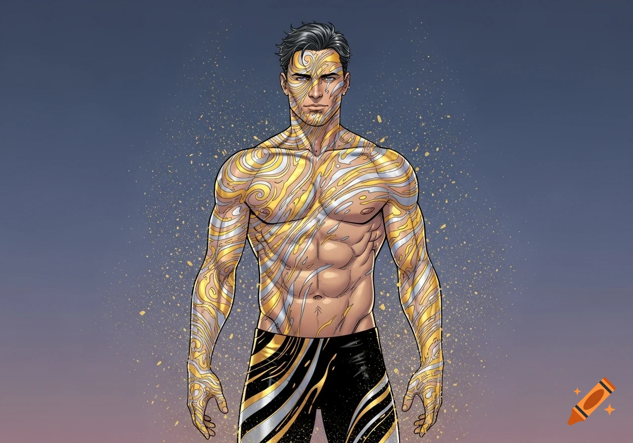 Comic book art of a shirtless male with gold and silver swirling liquid patterns on his body, face, and arms, against a dark background with gold flecks.