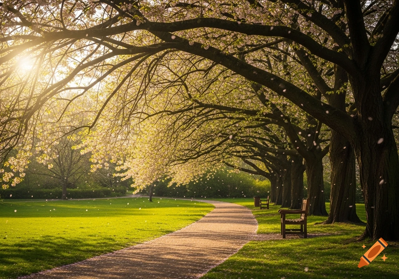 A sunlit park path winding through an avenue of trees with light pink blossoms and falling petals, leading past green grass and benches.