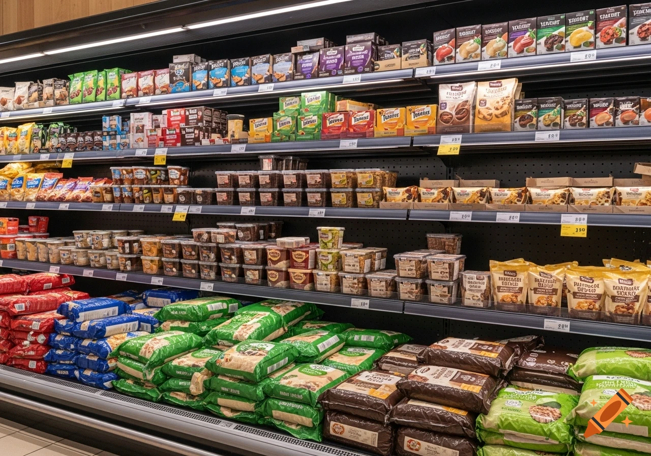 A detailed shot of a supermarket aisle filled with various packaged food products on multiple shelves, illustrating different display levels.