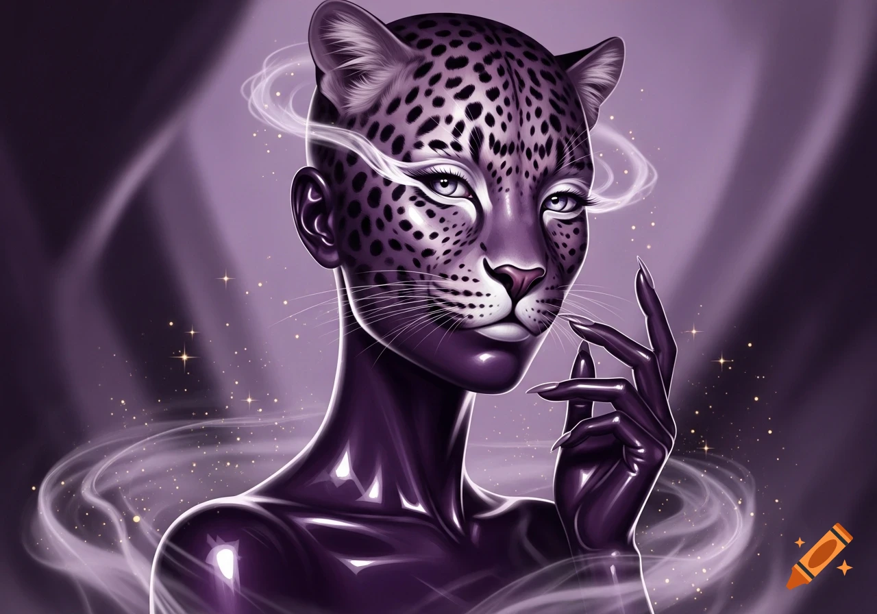 A stylized purple anthropomorphic leopard woman with glowing eyes, dark nails, surrounded by wispy smoke and sparkles.