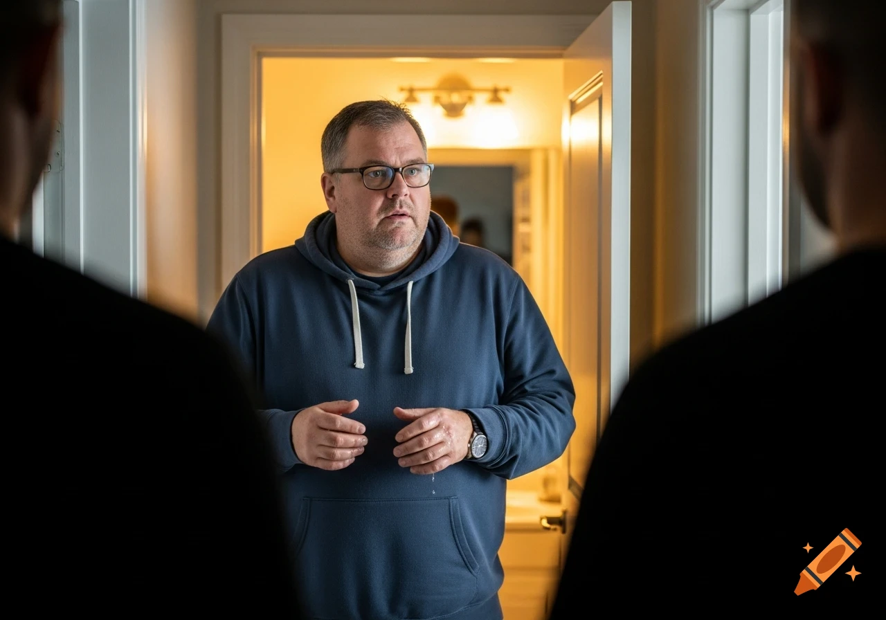 A surprised, overweight man in glasses and a blue hoodie stands in a brightly lit hallway, looking at two shadowy figures.