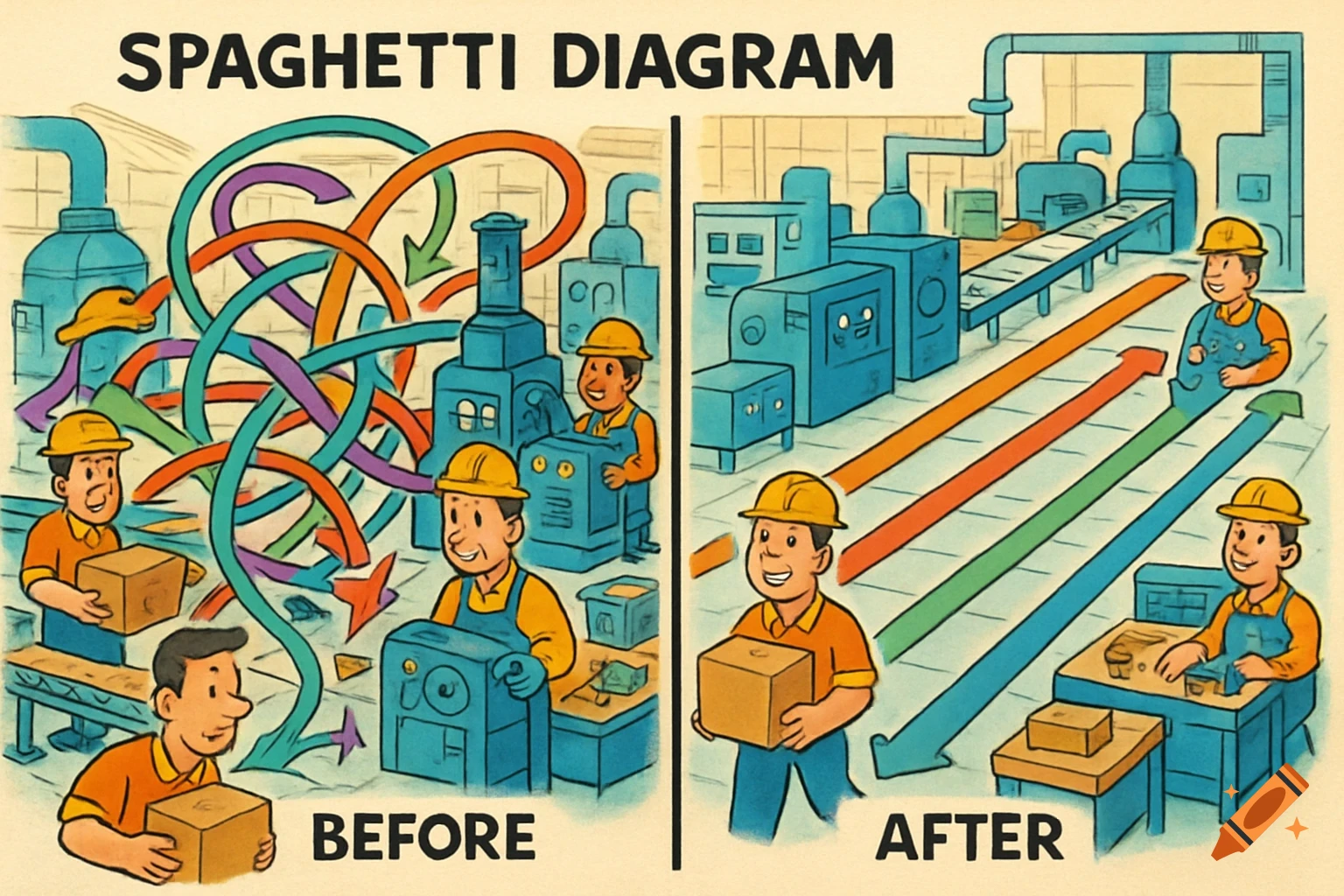 A cartoon diagram shows a factory 'Before' with tangled product flow and 'After' with streamlined production paths and happy workers.