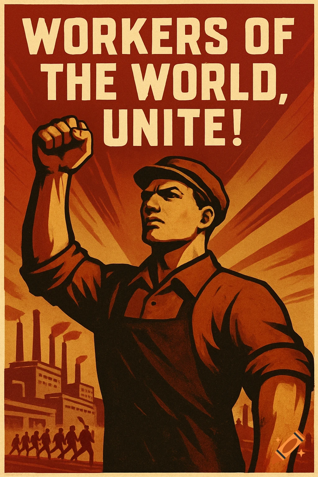 A vintage propaganda poster in red and cream hues, depicting a muscular worker with a raised, clenched fist, looking upward. Factories and smaller figures of workers are in the background, with the bold text 'WORKERS OF THE WORLD, UNITE!' at the top.