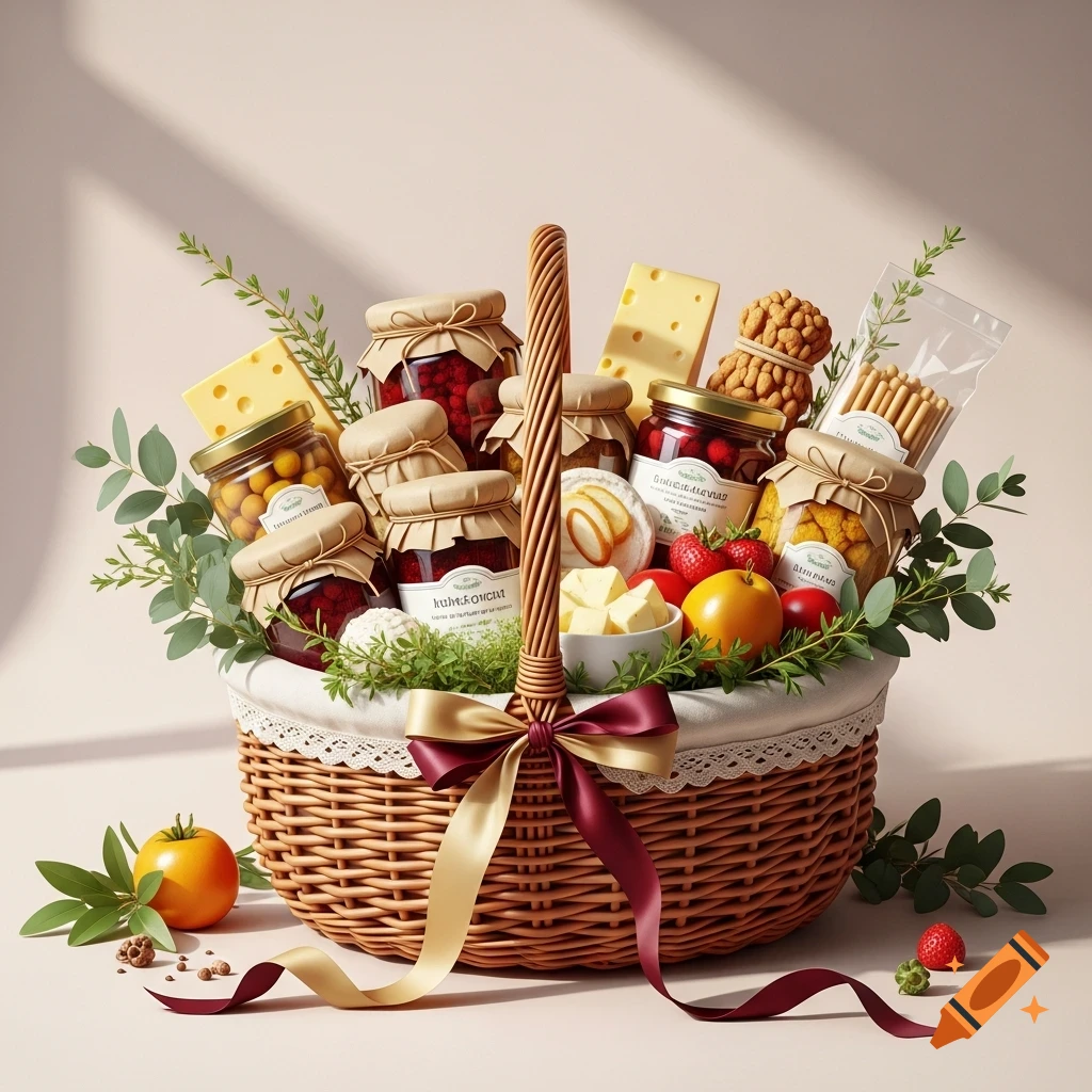 A close-up, photorealistic image of a woven gourmet gift basket tied with a gold and burgundy ribbon, overflowing with jars of preserves, cheeses, fruits like strawberries and apples, and crackers, against a warm beige background with soft shadows.