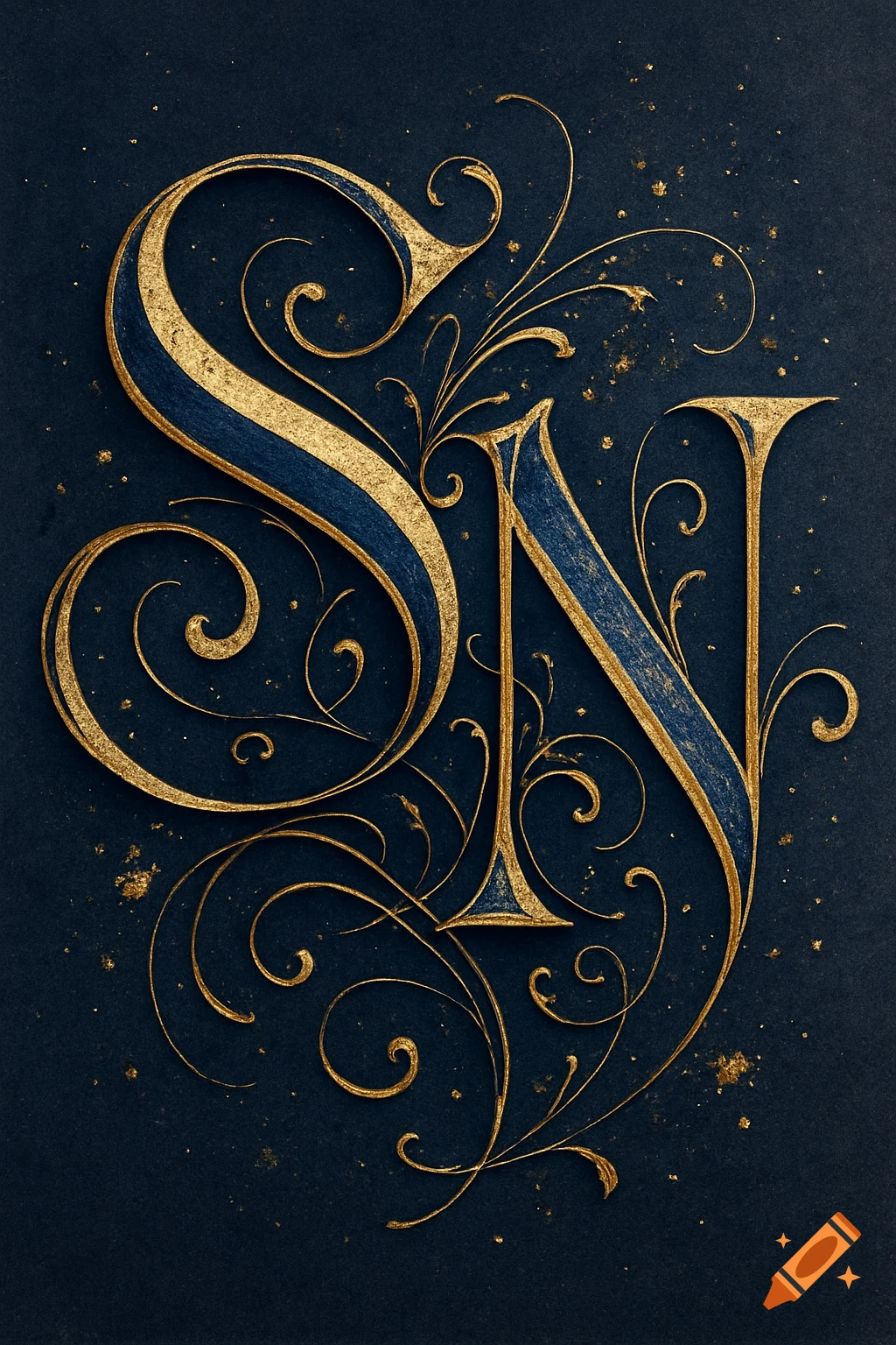 Elegant gold and blue calligraphic capital letters S and N intertwined on a dark, textured background.