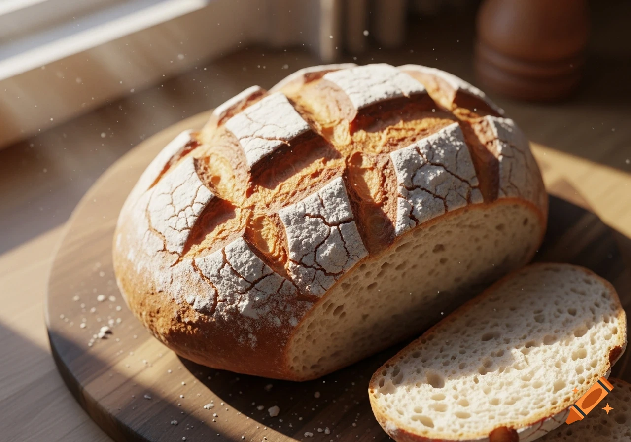 A rustic loaf of bread, partially sliced, sits on a wooden cutting board, illuminated by a beam of sunlight.