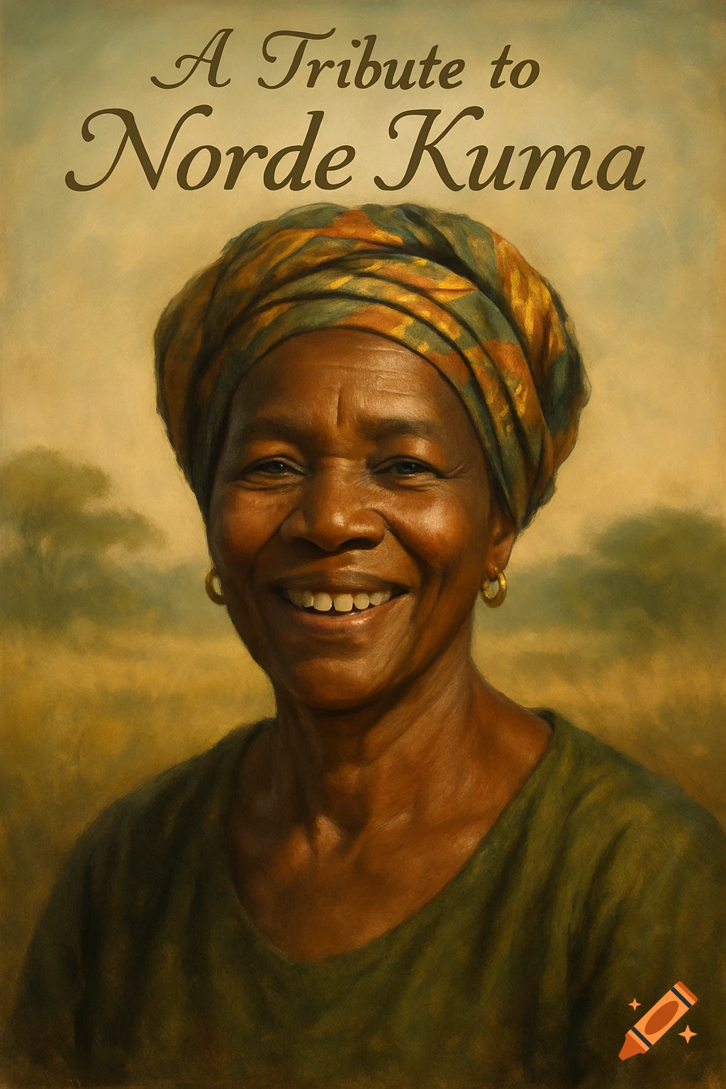 Painting of a smiling African woman in a patterned headscarf and green shirt, with a gap in her teeth, against a landscape. Title reads "A Tribute to Norde Kuma".