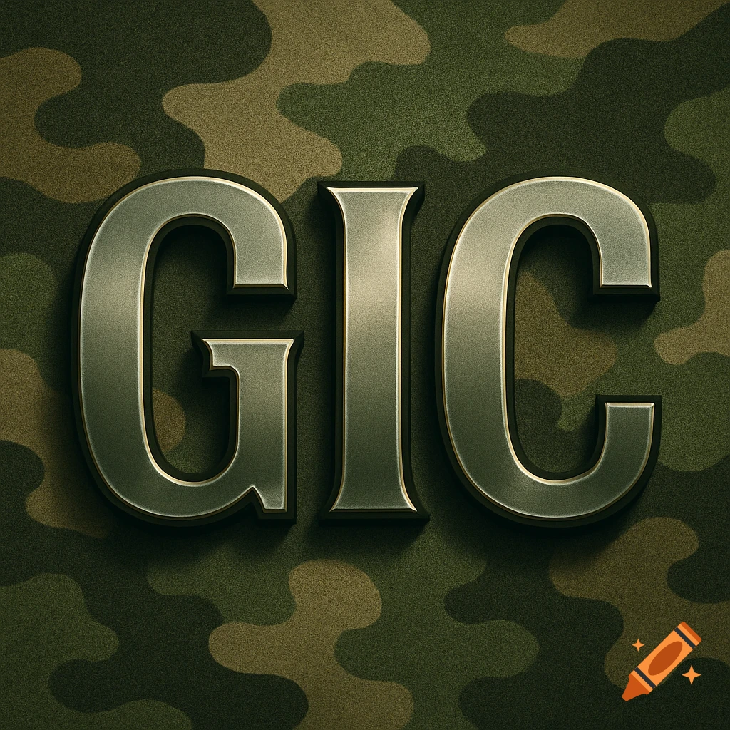 Metallic letters GIC on a textured green and brown camouflage background.
