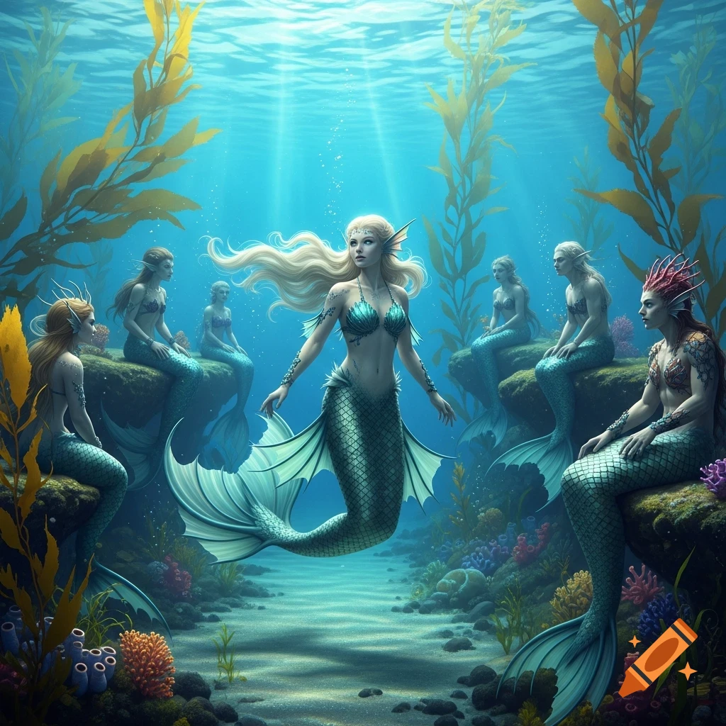 A group of mermaids in a vibrant underwater scene with kelp and coral, one floating while others sit on rocks.