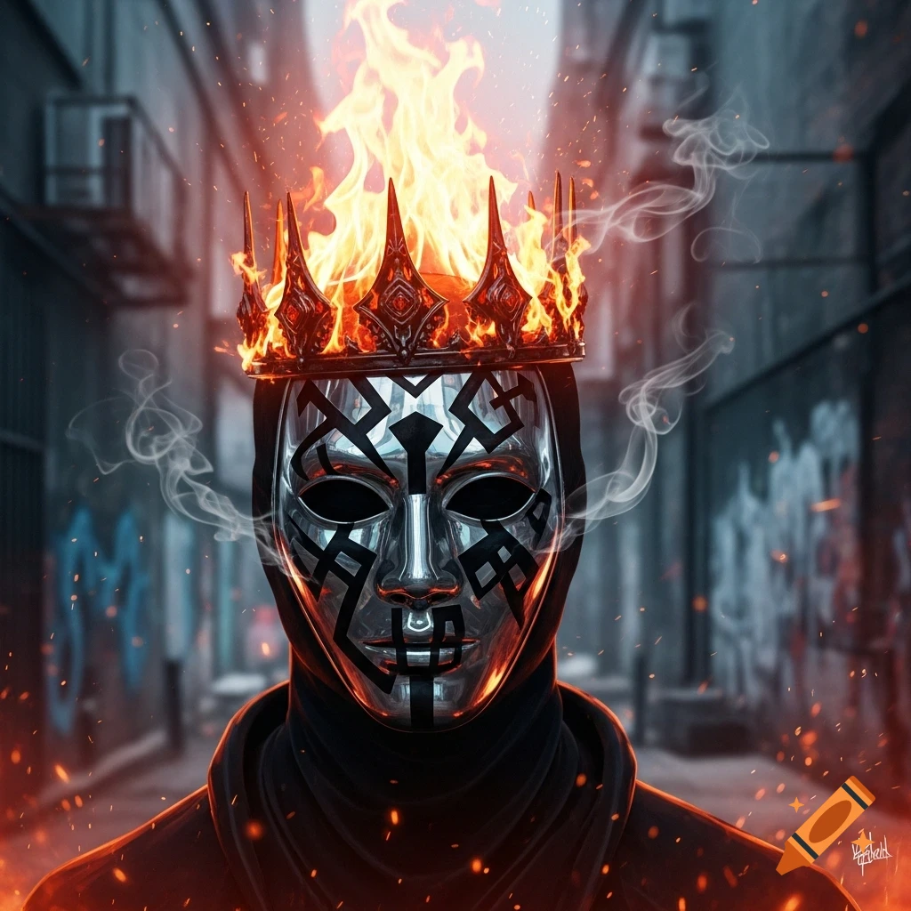 A masked figure with glowing black patterns and a fiery crown stands amidst smoke and embers in a dark urban alley.