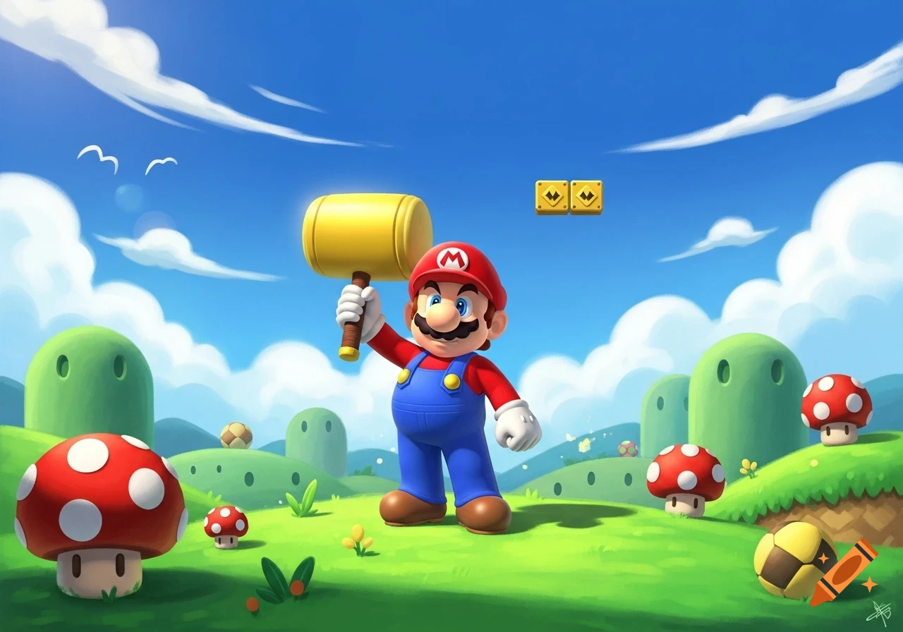 Mario holding a golden hammer in a vibrant, cartoonish Super Mario Bros. landscape with mushrooms, green pipes, and floating question blocks.