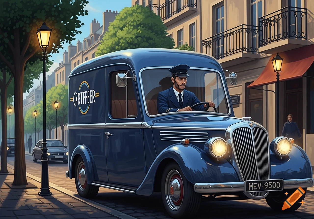 A blue vintage delivery van driven by a chauffeur in uniform on a city street, in an illustrative style.