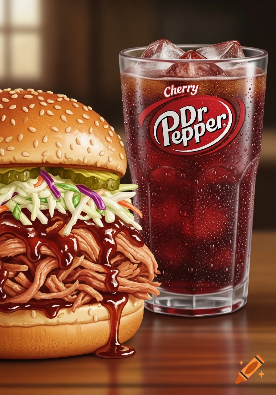 Photorealistic image of a pulled pork sandwich with dill pickle coleslaw next to a condensation-covered glass of Cherry Dr. Pepper.