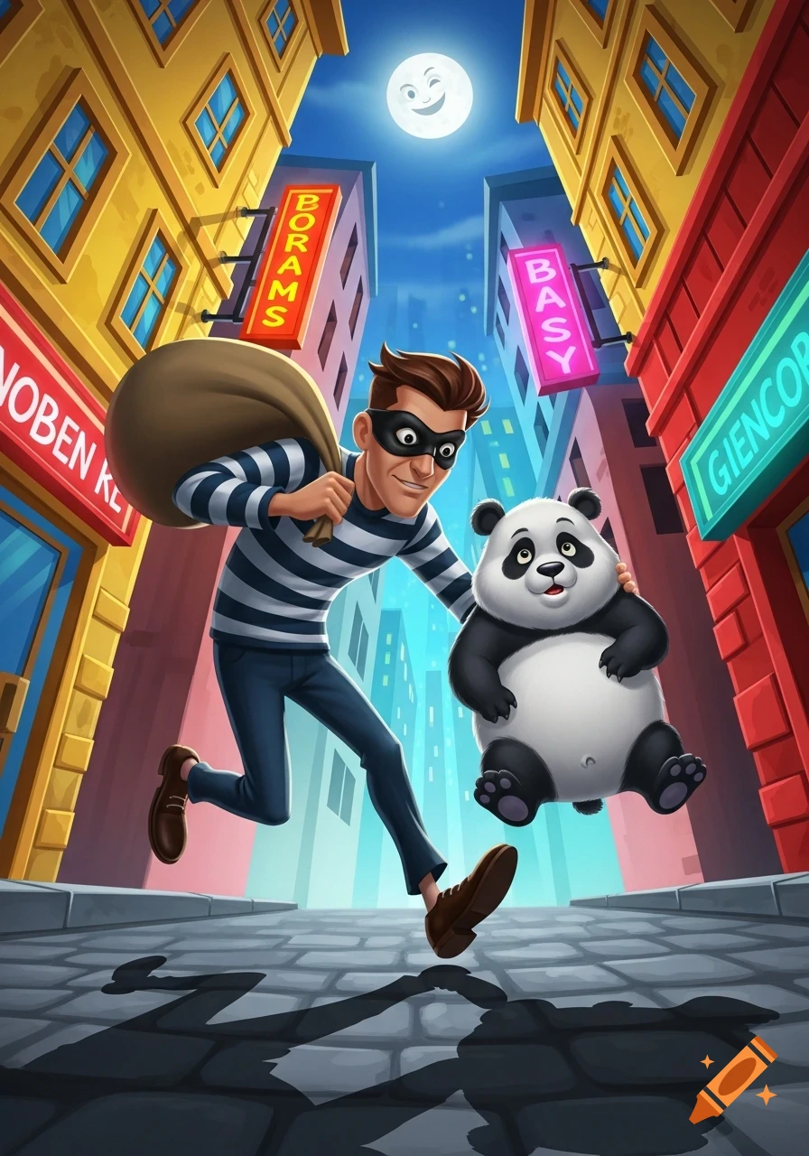 A cartoon robber runs through a city street at night, holding a large sack and a small panda.