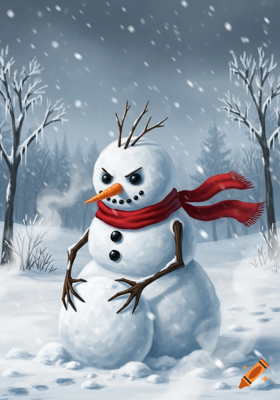 A grumpy snowman with branch arms and twig hair, wearing a red scarf, stands in a snowy forest, holding a snowball. Snow falls.