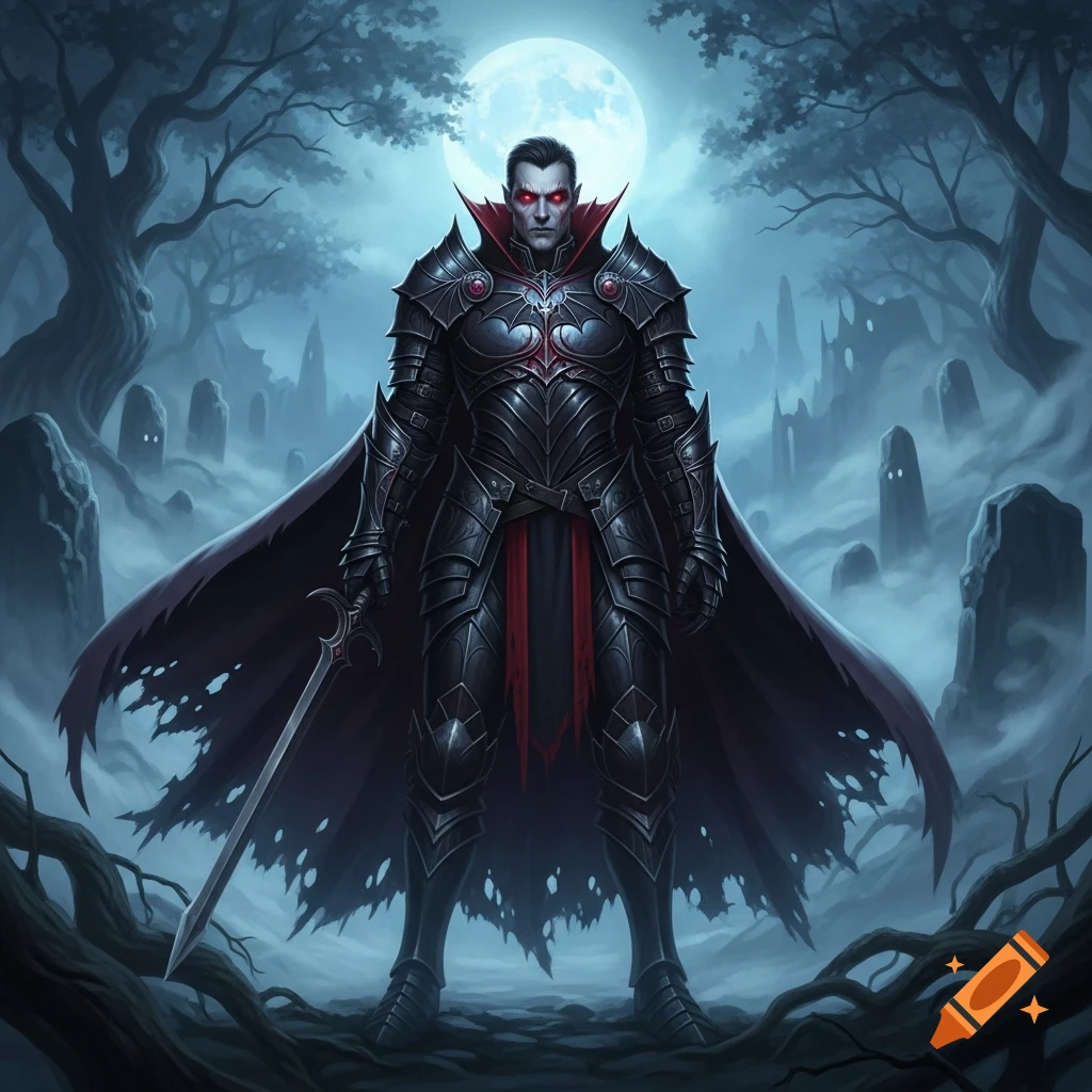 A powerful vampire knight with glowing red eyes and black armor stands in a misty, moonlit gothic graveyard.