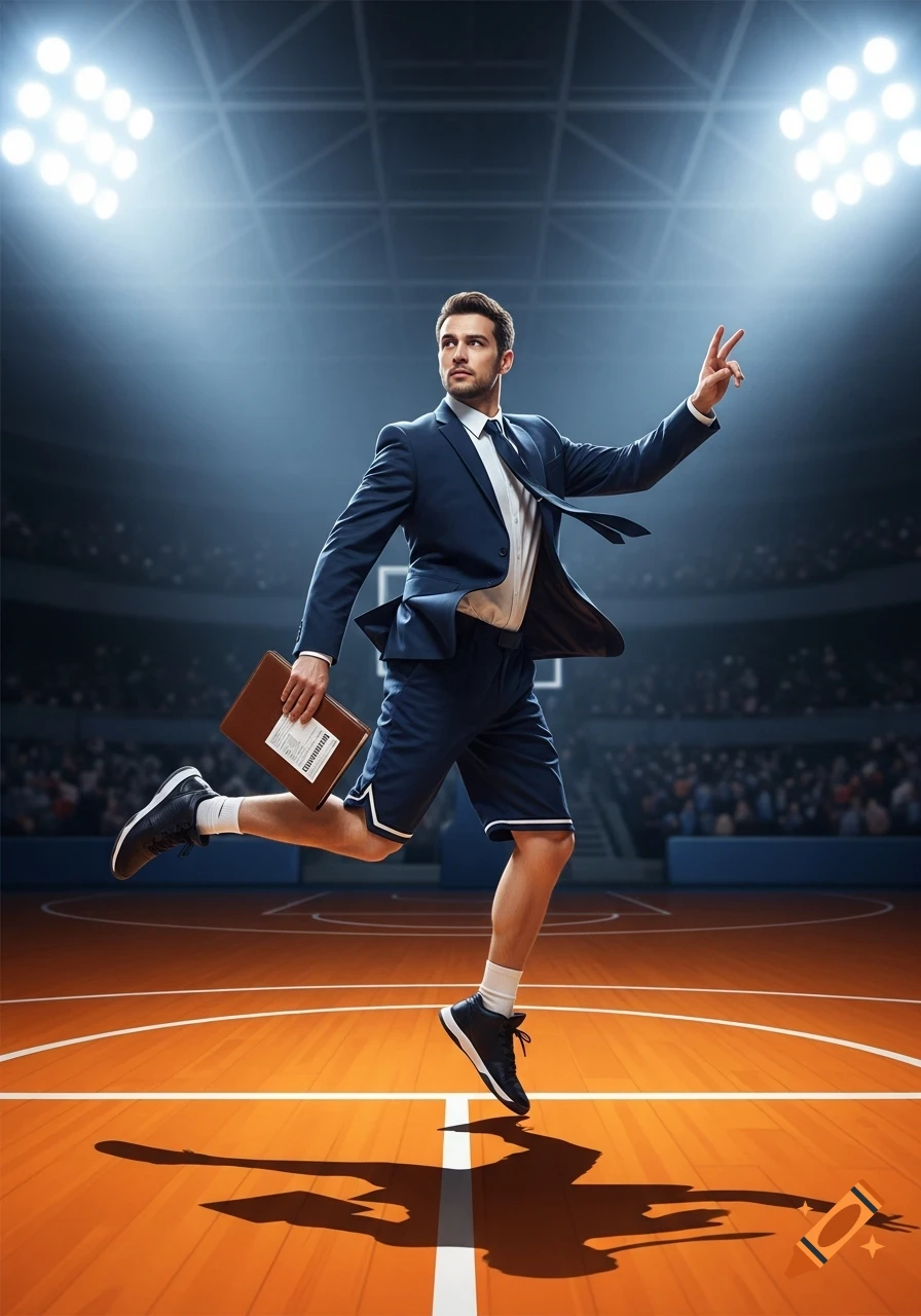 A man in a suit jacket and basketball shorts jumps on a basketball court, holding a brown folder.