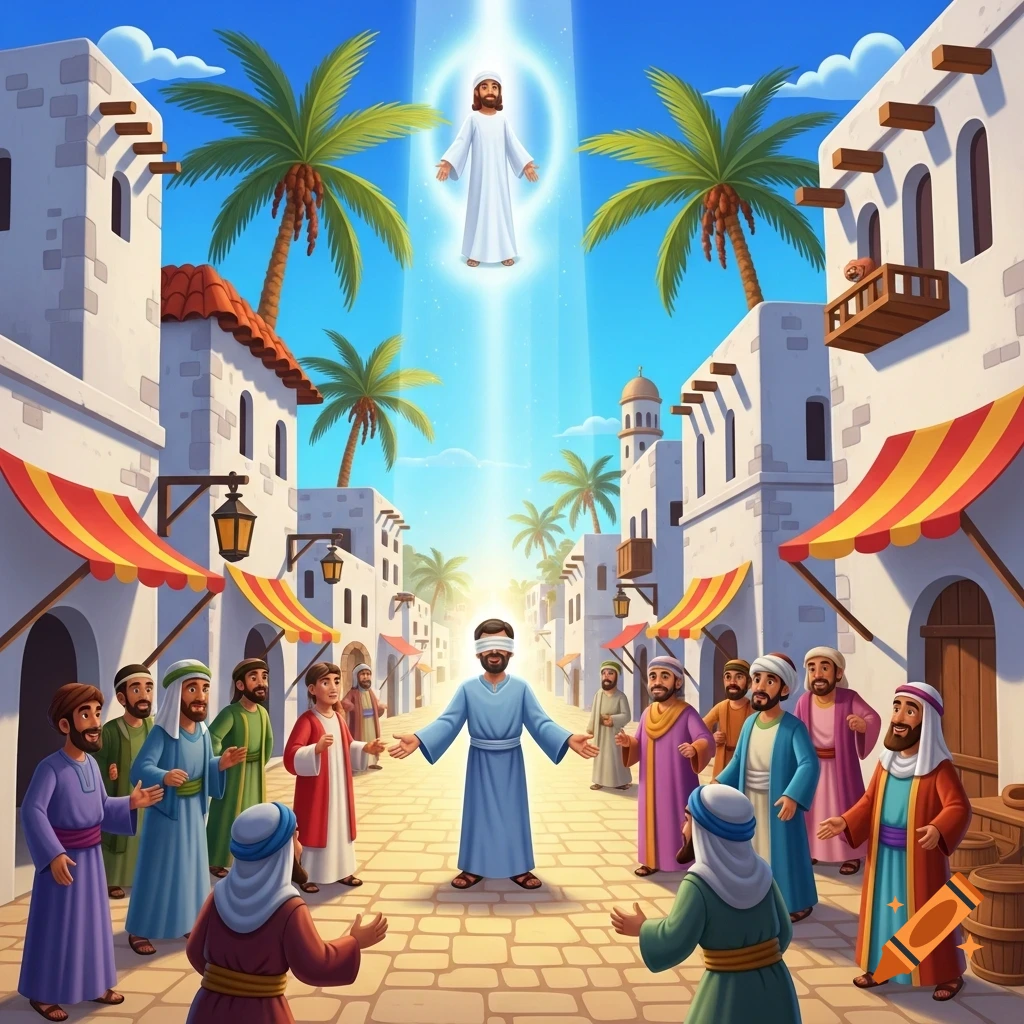A glowing divine figure floats above an ancient street, casting light on a blindfolded man surrounded by onlookers in a vibrant cartoon illustration.
