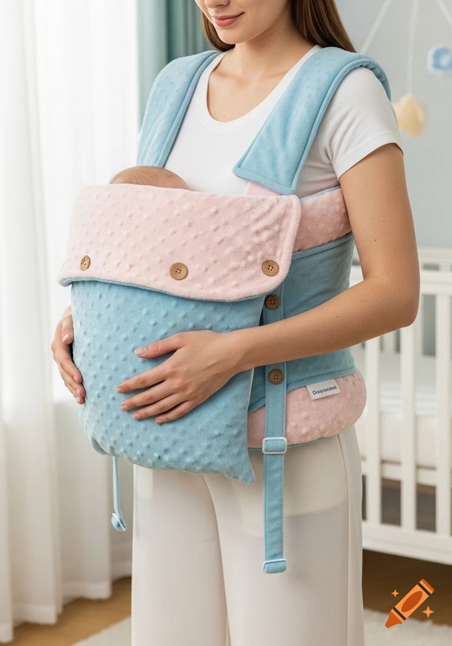 A smiling woman in a white shirt and cream pants holds a baby nestled in a blue and pink textured baby carrier, in a bright room.