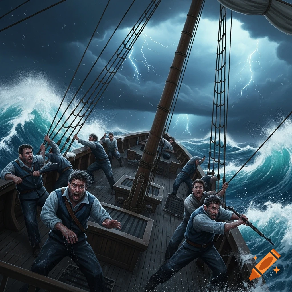 Terrified sailors struggle on a boat amidst a crazy storm with huge waves and lightning, digital painting.