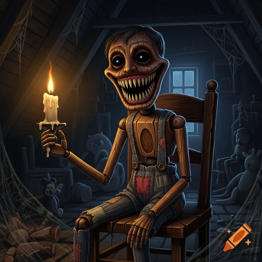 A creepy wooden puppet with glowing eyes and a sinister, toothy grin holds a lit candle in a dark, cobweb-filled attic.