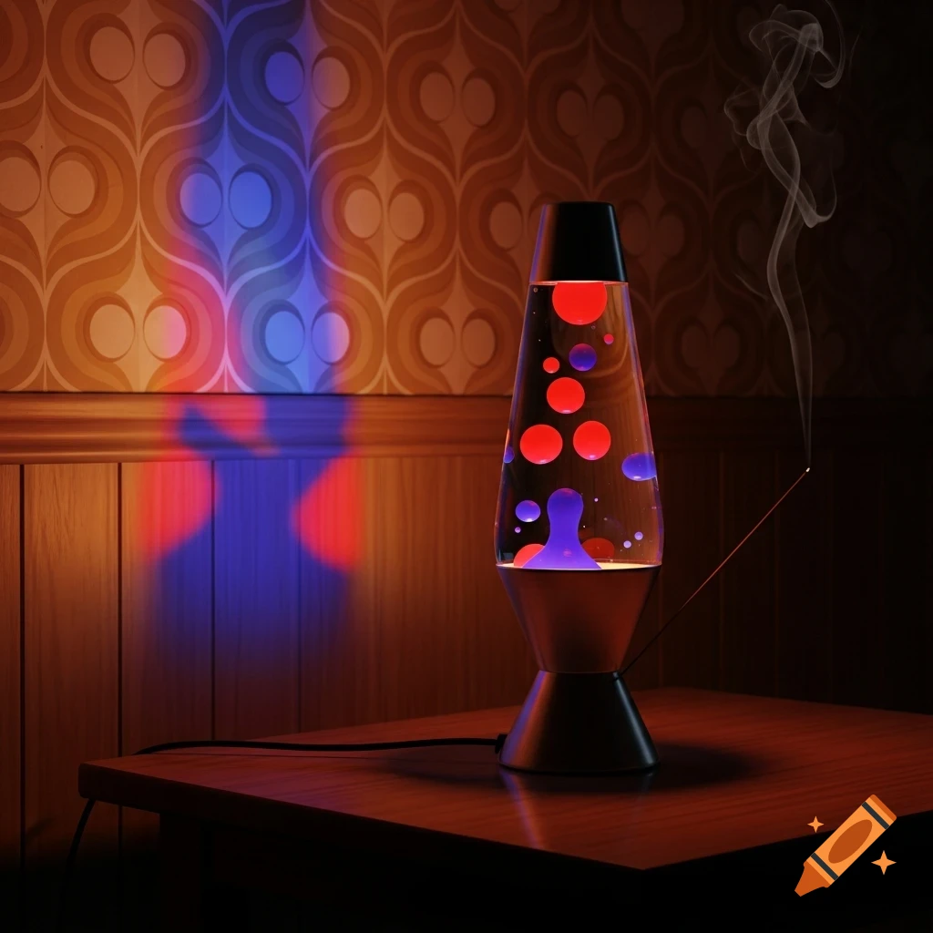 A lava lamp with red and purple wax sits on a wooden table, casting colorful light onto a retro patterned wall, next to a smoking incense stick.