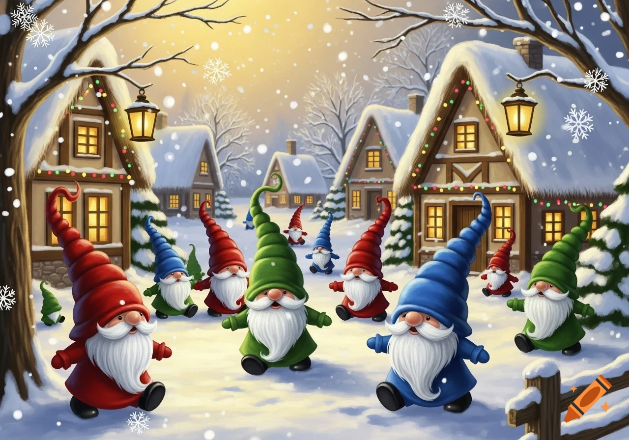 Cartoon gnomes in red, green, and blue hats walk through a snowy village with decorated houses and falling snowflakes.
