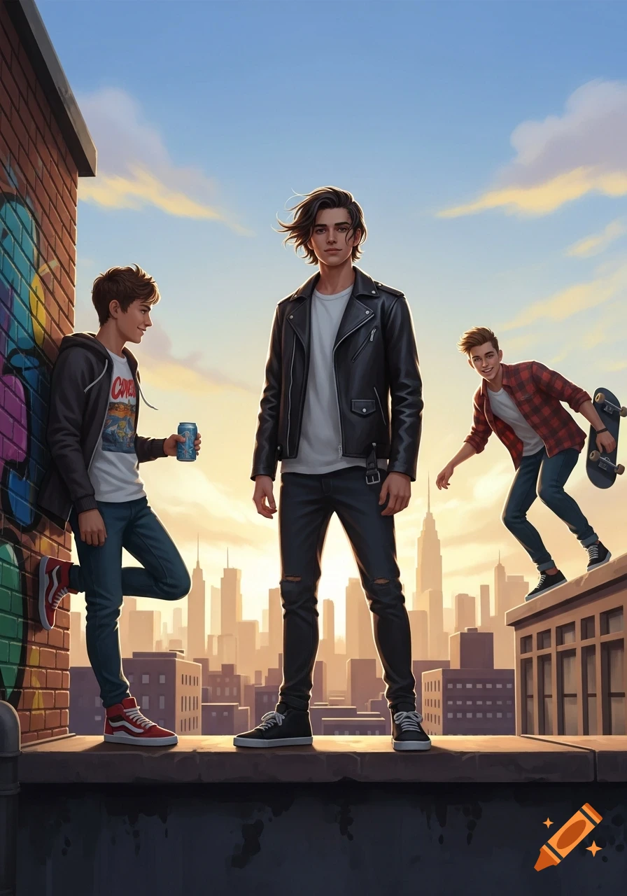 Three stylized young men on a city rooftop at sunset, one in a leather jacket, another leaning on a graffiti wall, and a third with a skateboard.