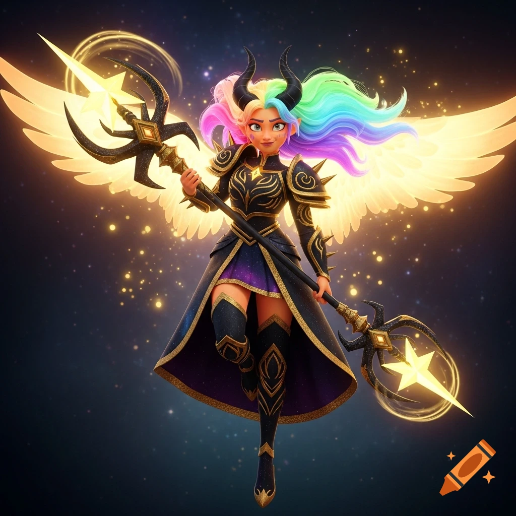 A colorful 3D cartoon fantasy character with rainbow hair, horns, glowing wings, and black-gold armor, holding a starry staff.