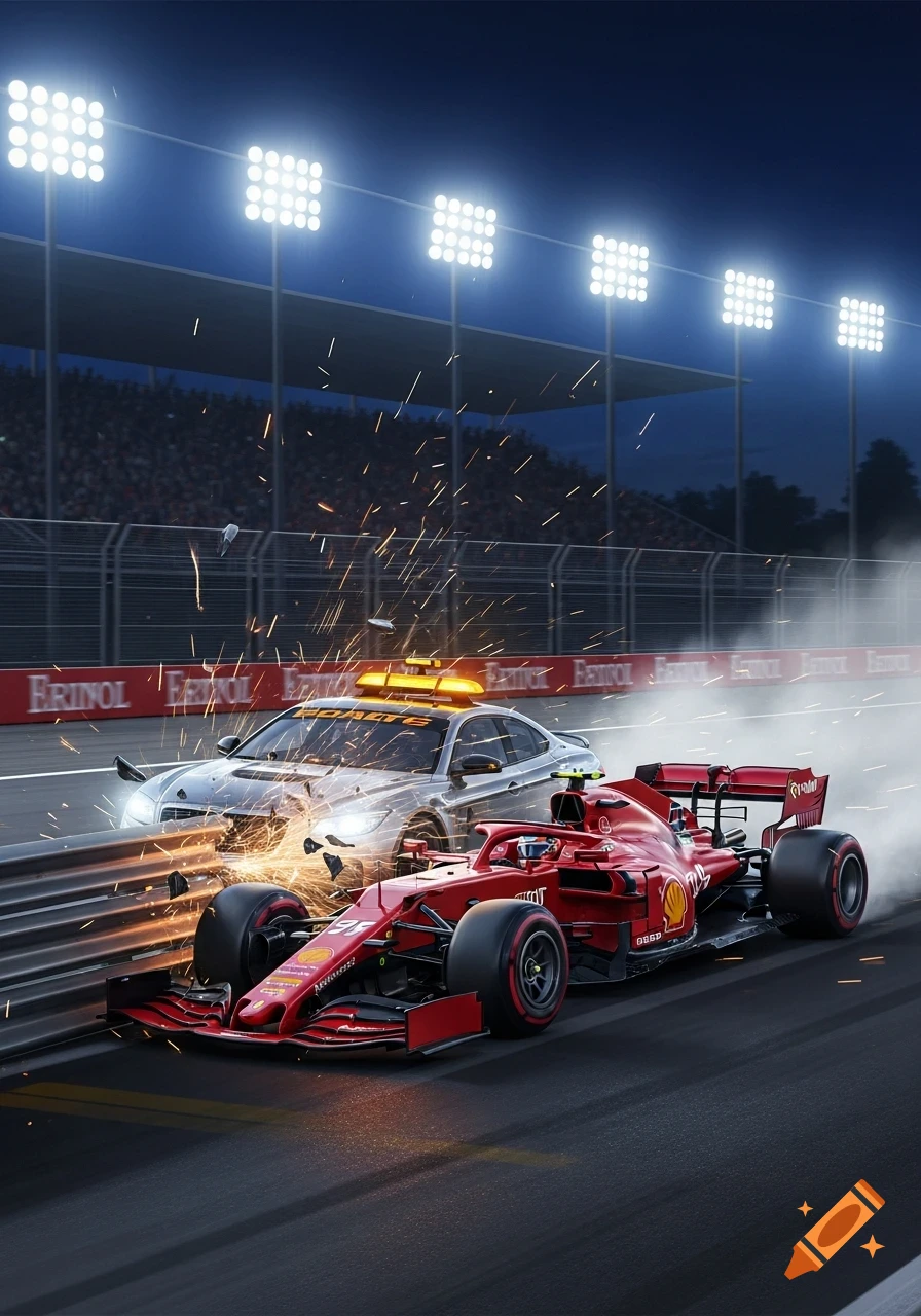 Red Formula 1 car crashing into a silver safety car on a night race track, with sparks flying and spectators in the background.