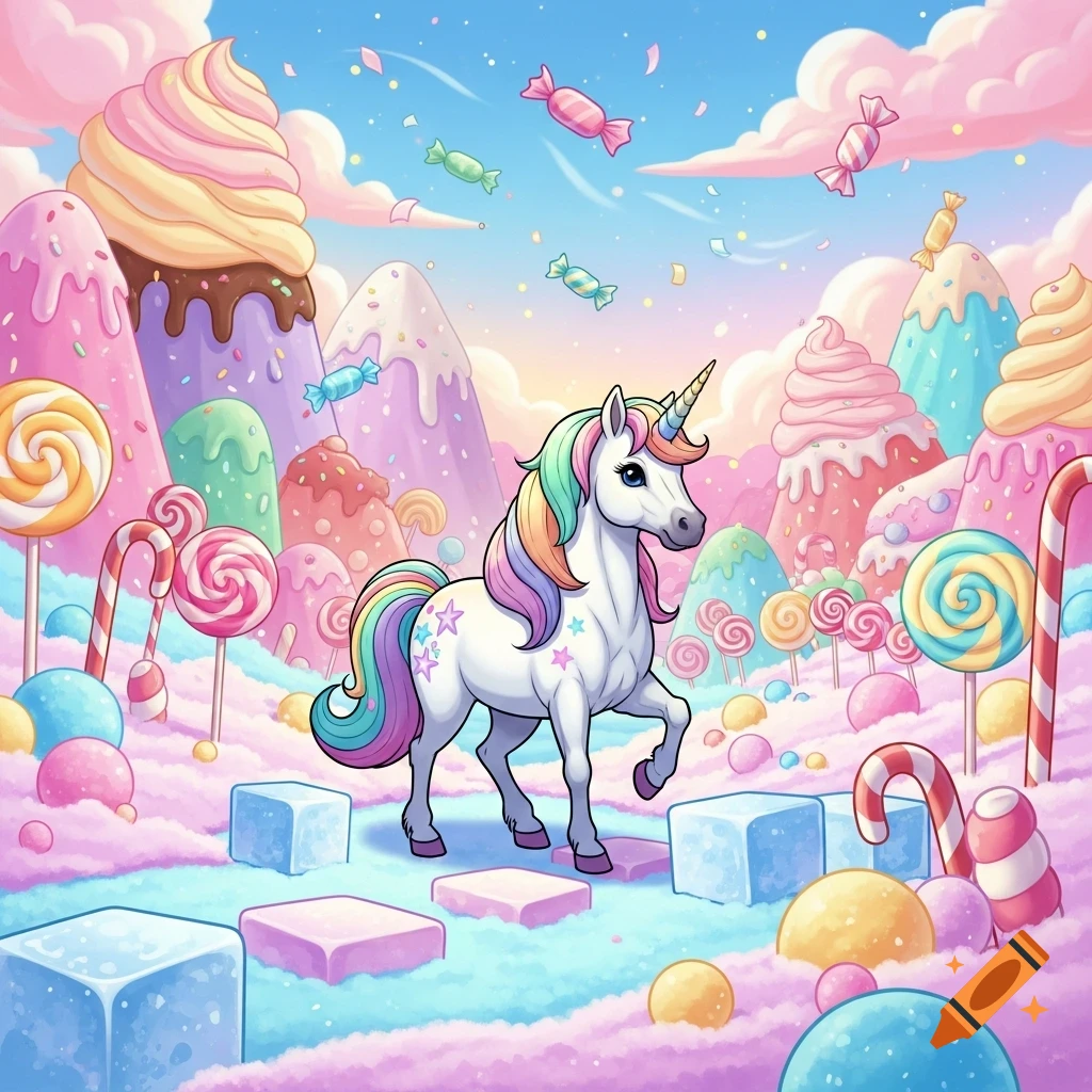 A whimsical cartoon unicorn with a rainbow mane and tail in a colorful candy land with lollipops, candy canes, and pastel sugar cubes.